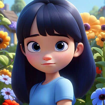 青い服を着たロングヘアの可愛い女の子が1人、黒い髪、優しい顔、おでこが少し出た前髪、女の子の後ろはお花畑、朝、ピクサー風