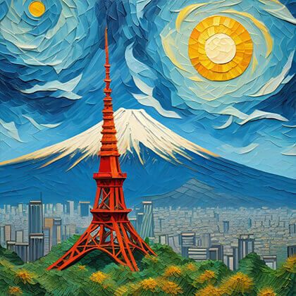 富士山、東京タワー、青空、太陽