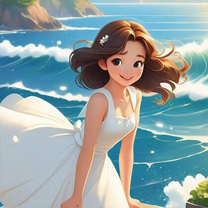 白いワンピースを着た可愛い女の子が1人、日本人女性、ディズニーの映画に出てくるようなキャラ、たのしい、優しい顔、きれいな海、天気がいい、夏