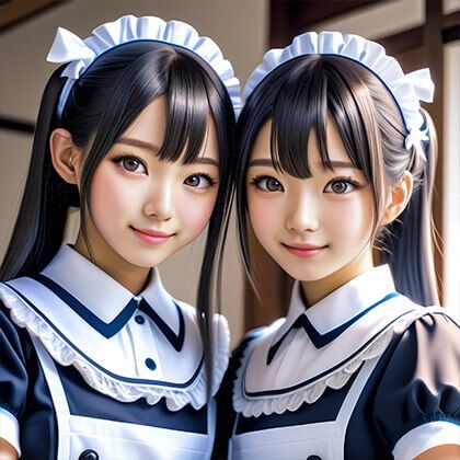 かわいい20歳のメイドが2人、日本人アイドル風、クローズアップ