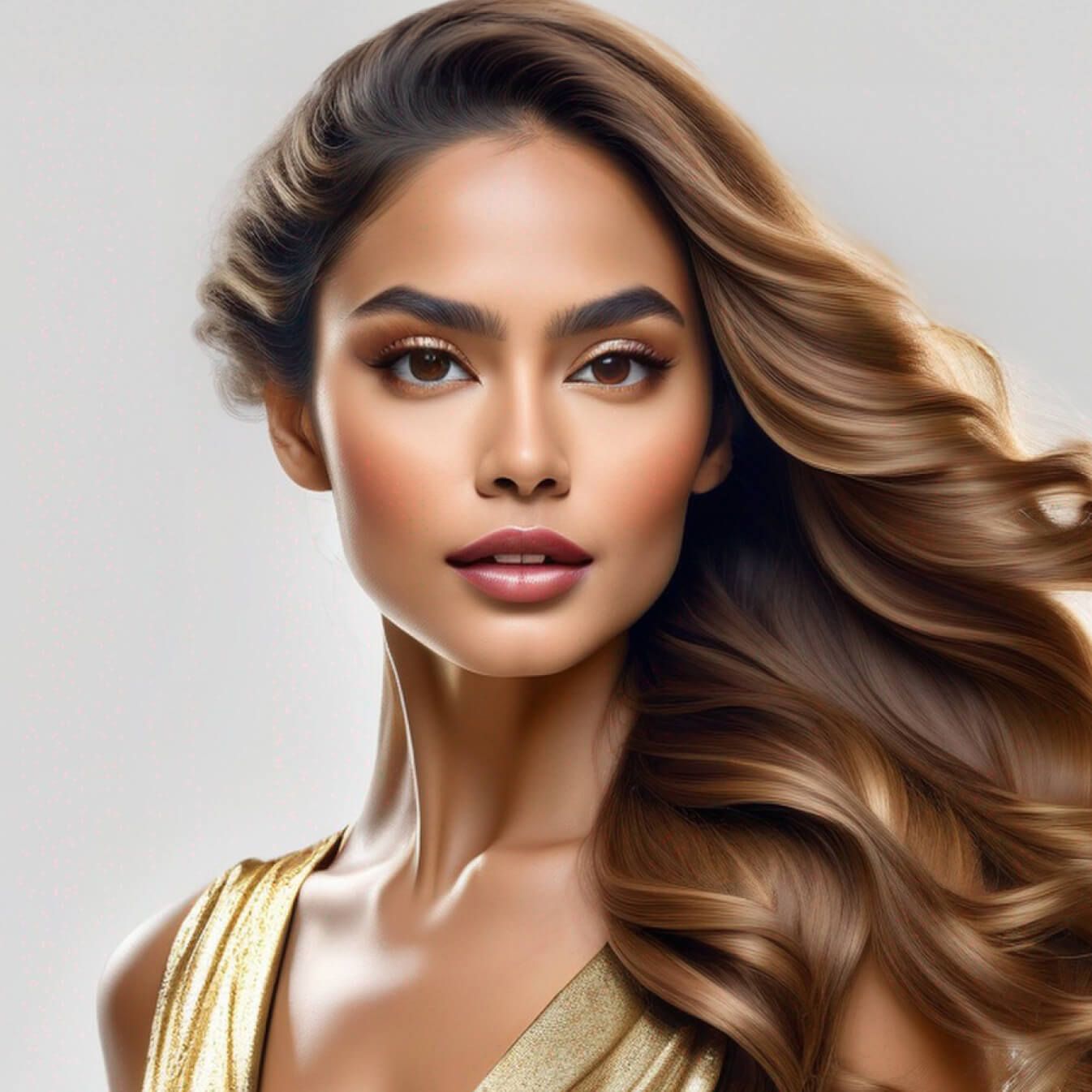 giovane e bella donna latina con trucco alla moda, viso delicato, capelli lunghi ondulati, vestito d'oro, sfondo bianco, star del cinema, foto con scollatura
