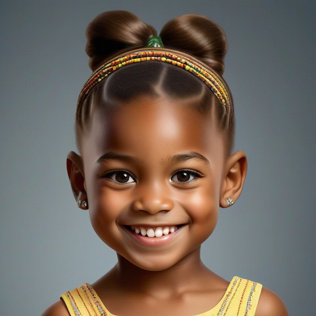 Ritratto di un giovane bambino di origine africana, vestito, viso delicato e carino, con acconciatura naturale a coda di cavallo, (sorriso), molto dettagliato, foto professionale, (sfondo semplice) in studio fotografico
