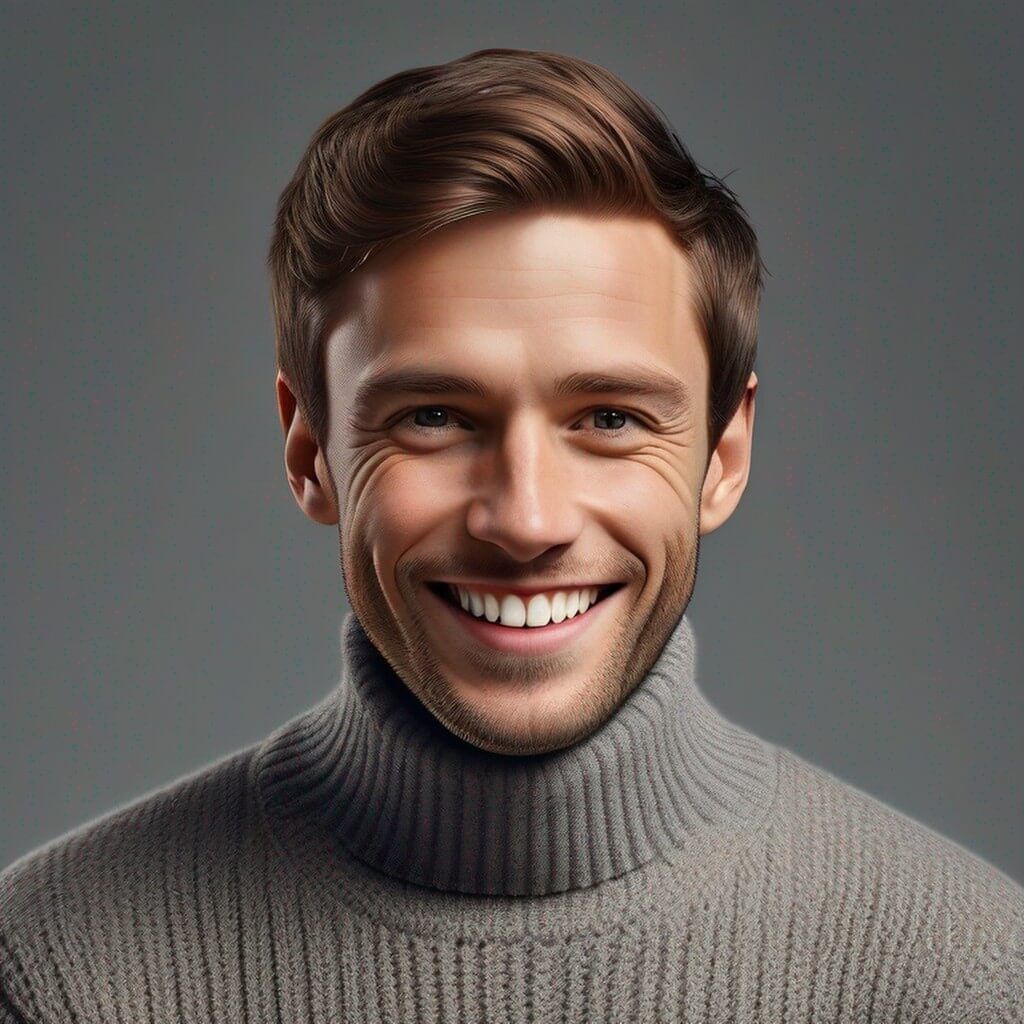 Ritratto di un uomo inglese, che indossa un maglione a collo alto, (sorriso), molto dettagliato, foto professionale, (sfondo semplice)
