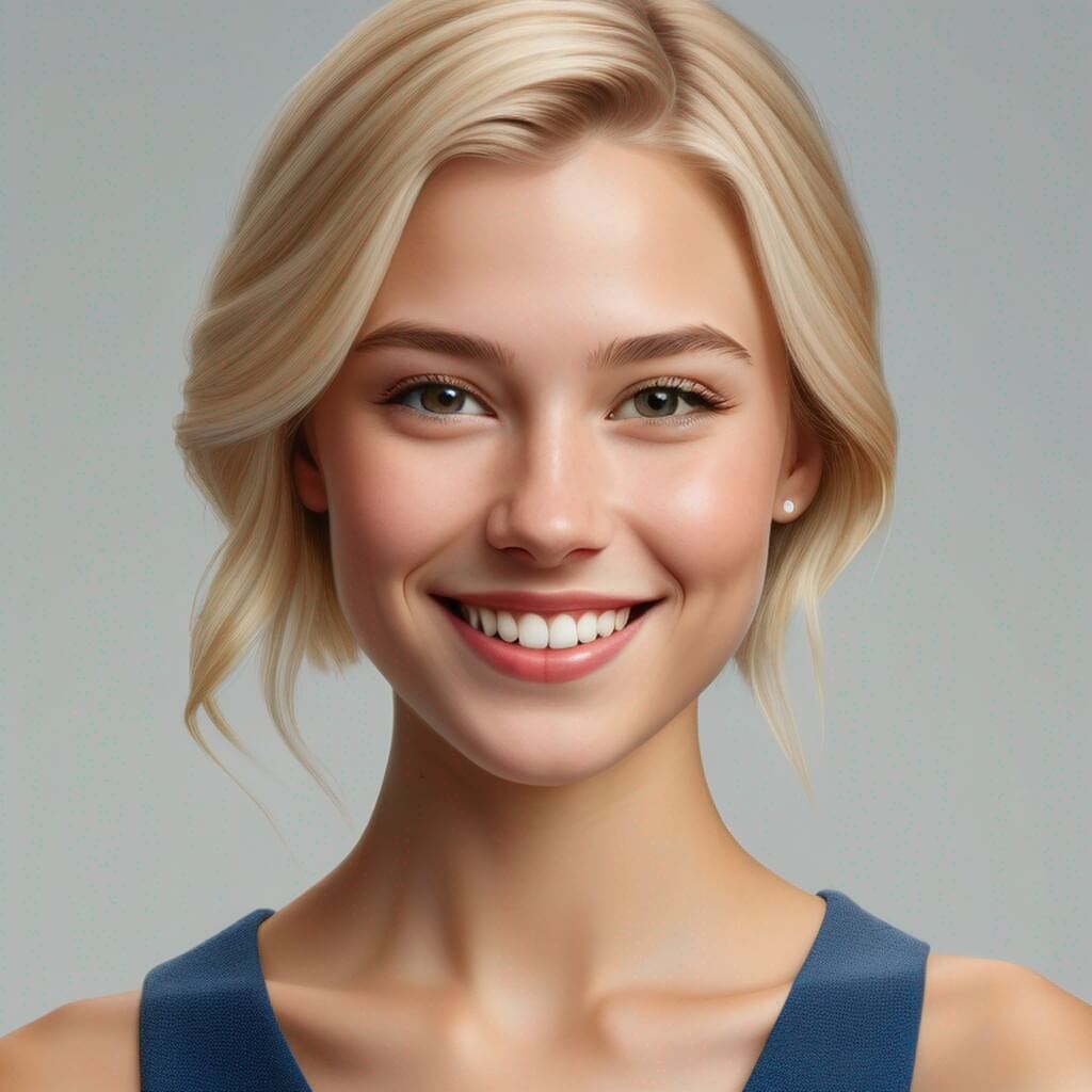 Ritratto di giovane donna americana, viso intelligente e grazioso, con capelli biondi, sorriso, molto dettagliato, conservatore, foto scollata, foto professionale, sfondo semplice
