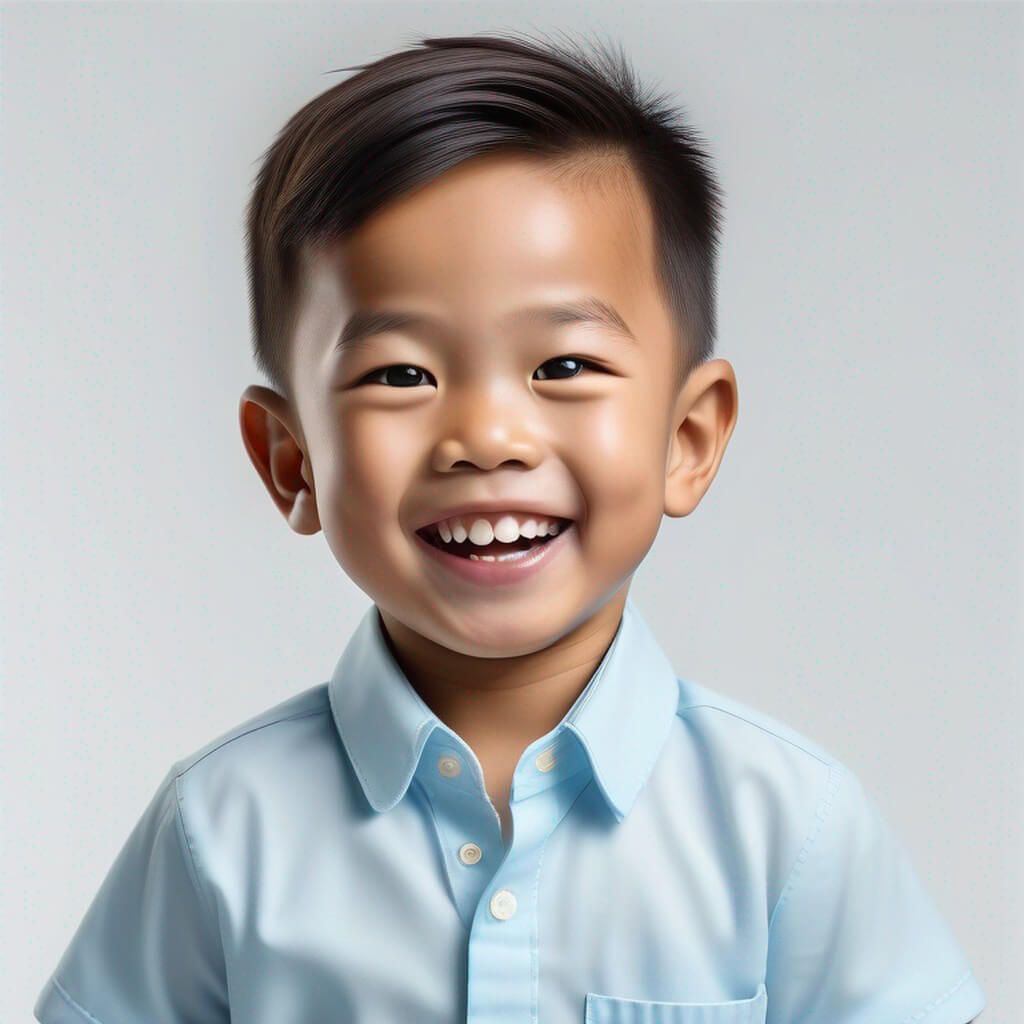 (ritratto di un giovane bambini asiatico:1.1), che mette in mostra il suo fascino innocente, vestito con (camicia blu), sorriso delizioso ed espressione gioiosa, sfondo bianco
