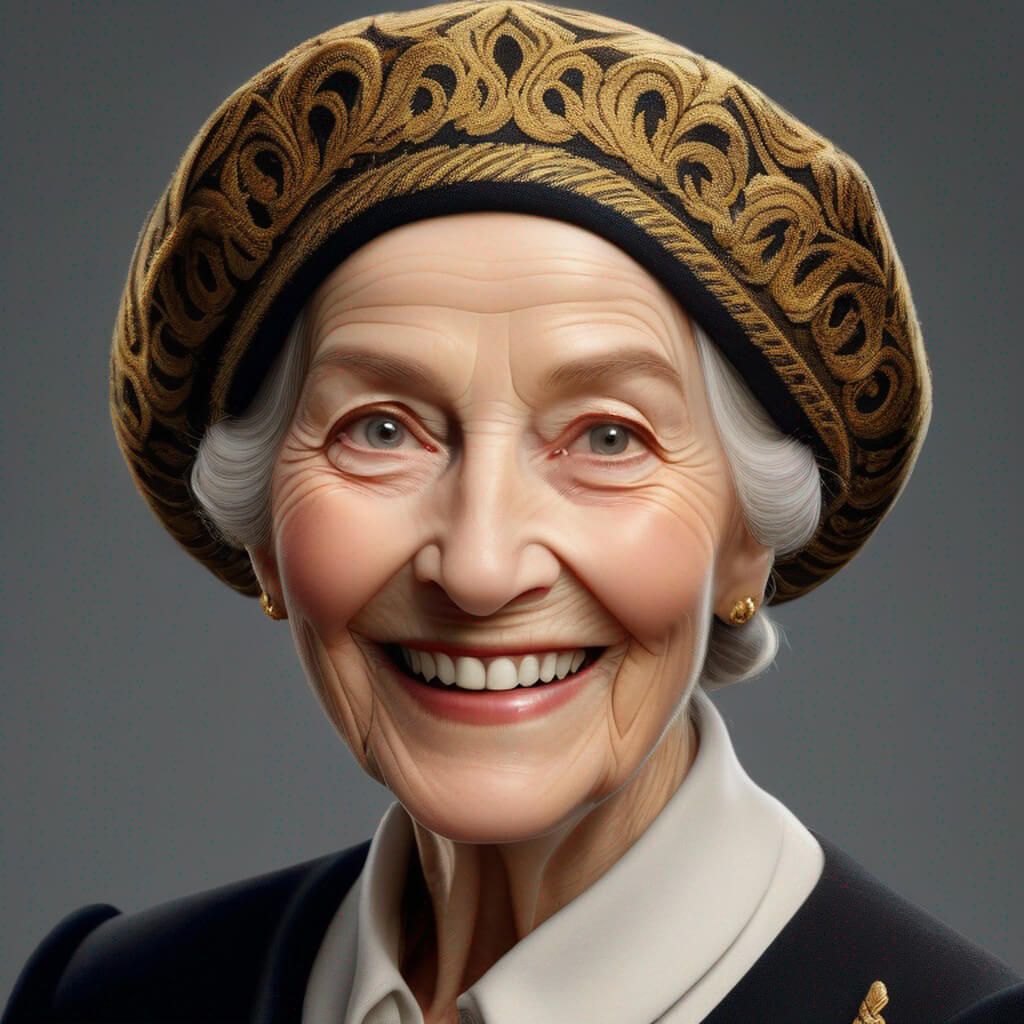 viso di una bella donna bianca, sfondo solido bianco, berretto, regina del Regno Unito, stoffa tradizionale nera dorata del Regno Unito, arte ufficiale, fotografia in studio, sorriso

