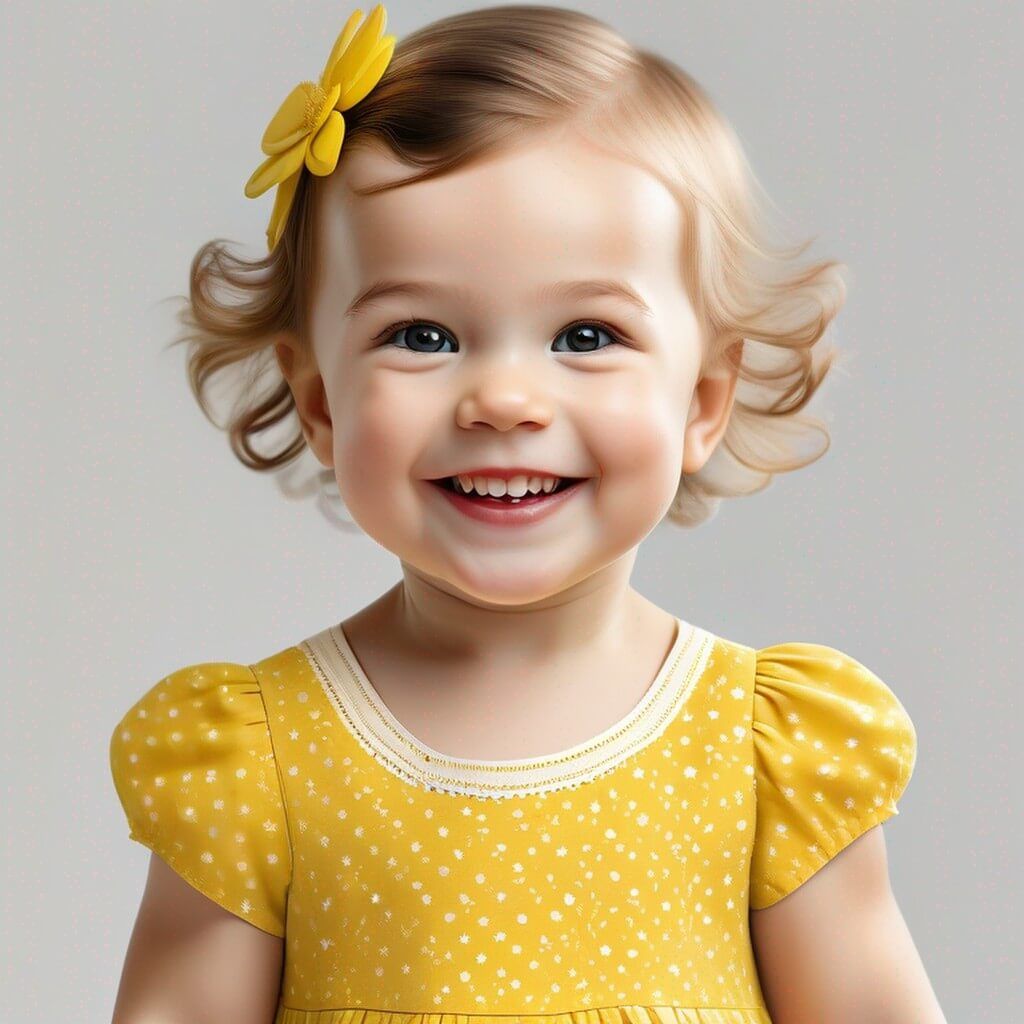 ritratto di una giovane bambina occidentale dai lineamenti delicati, che indossa un grazioso vestitino giallo; l'immagine cattura il suo adorabile sorriso e la sua carnagione chiara su uno sfondo bianco