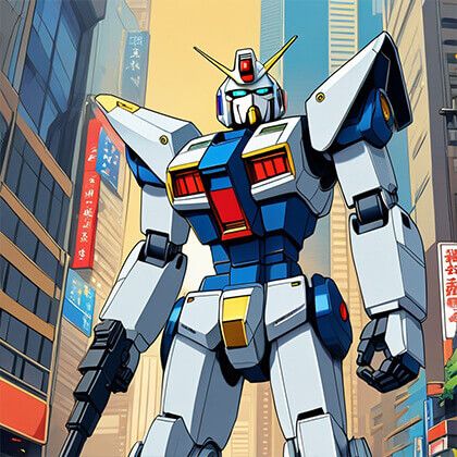 a giant robot, cool, hero, Gundam style, colorful, city background
