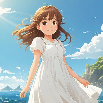 A cute girl wearing a white dress, anime style, a character from a ghibli movie, fun, kind face, a beautiful sea, nice weather, summer