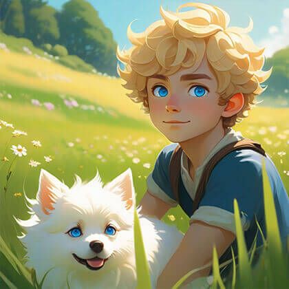 Male halfling with curly blonde hair, blue eyes and pierced pointy ears in a meadow with little white dog