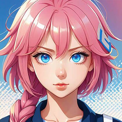 anime, manga, blue eyes, pink hair, pretty girl, high school sportswear, professional light, masterpiece, upper body