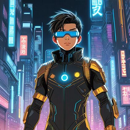 front view, masterpiece, ultra detailed, Japanese manga style, anime, a boy, wearing cyberpunk suit, professional light, line sketch, intricate line sketch, future city, neon light