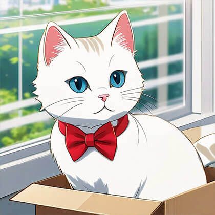 a cute white cat with a red bow tie around its neck, in a cardboard box, near the window, masterpiece, anime screencap, Japanese manga style, intricate line sketches, perfect composition, intricate details