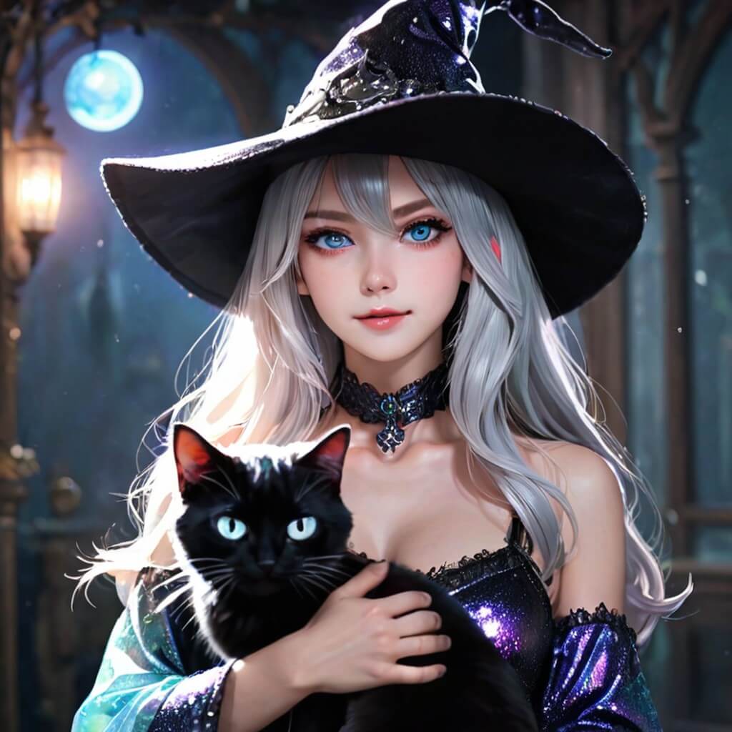 Une sorcière aux cheveux argentés avec un chat noir dans les bras.