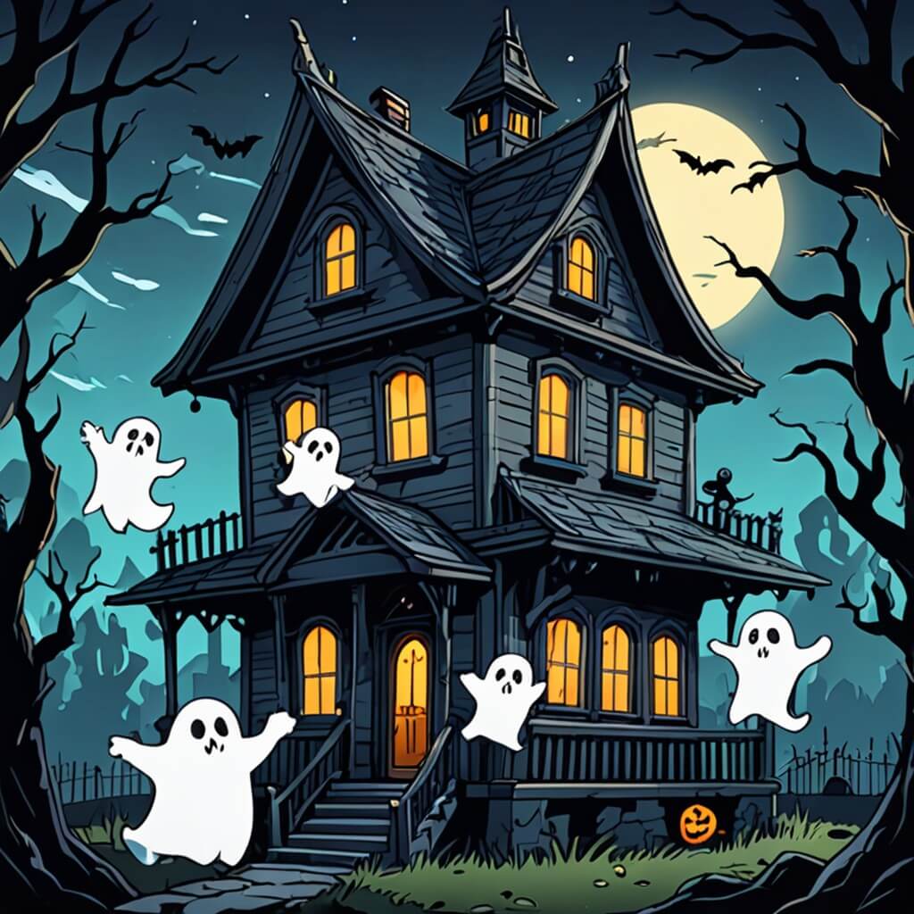 Des petits fantômes autour d'une maison le soir d'Halloween