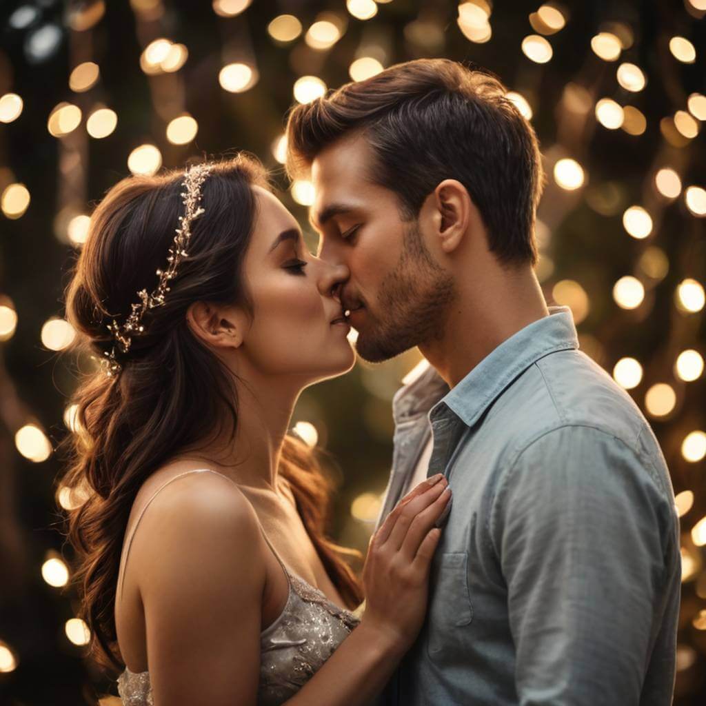 Close de um casal se beijando sob luzes de fada suaves, bokeh sonhador