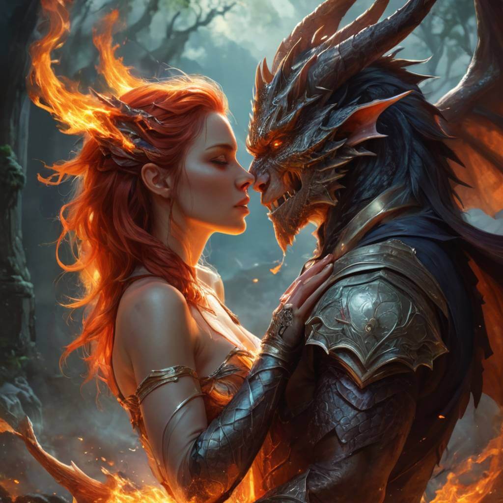 Metamorfo de dragão e mago em um beijo ardente, estilo retrato de fantasia