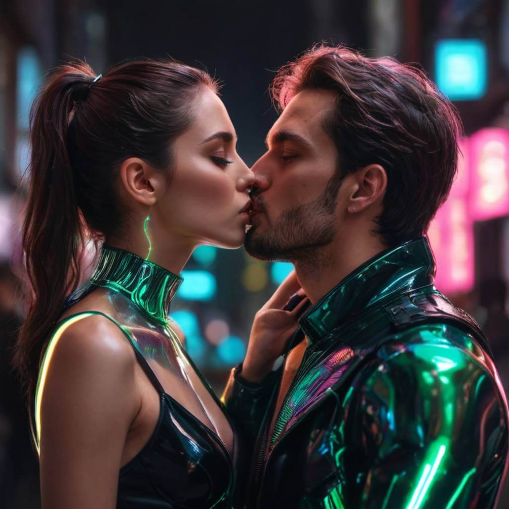 Androide e humano se beijando com reflexos de neon em seus rostos