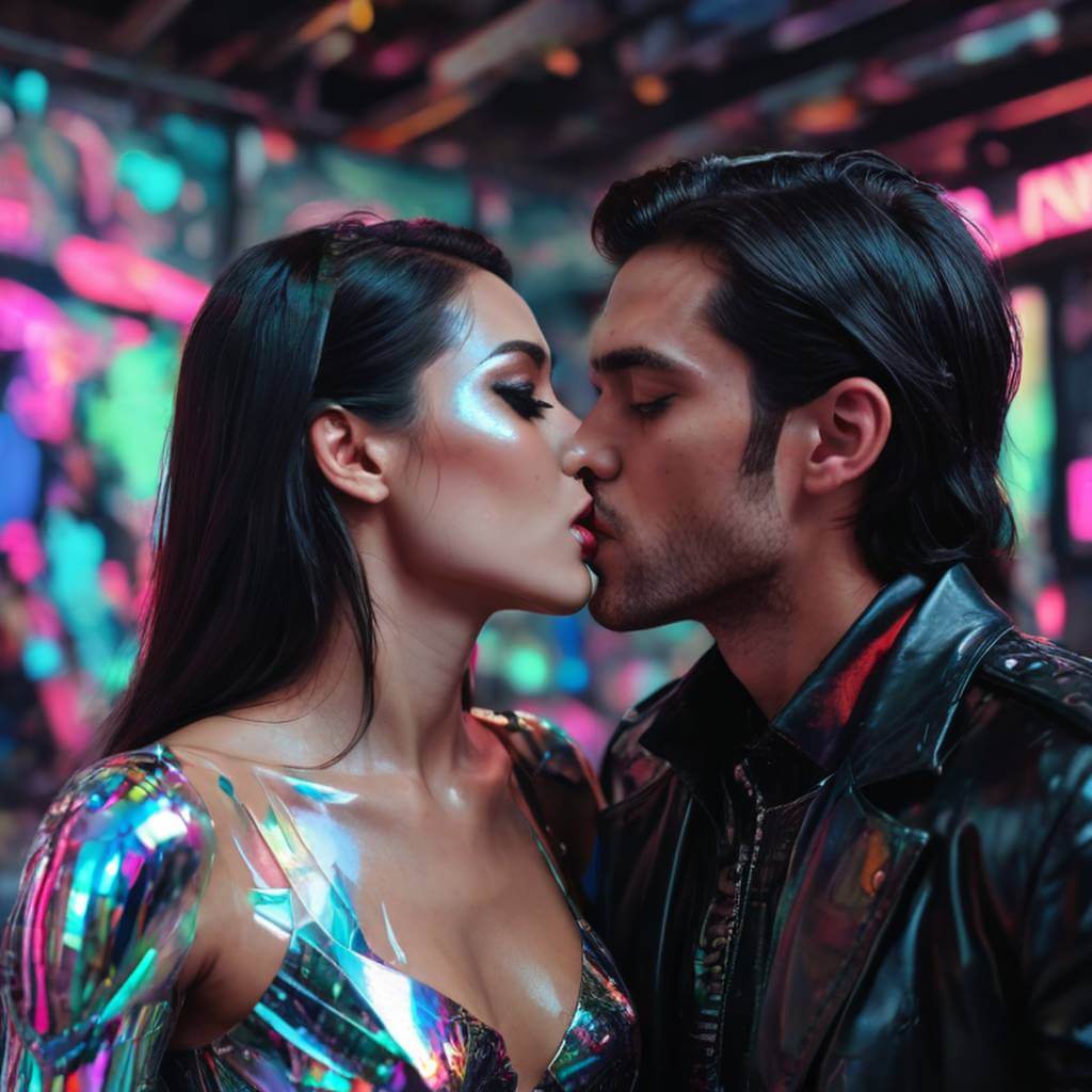 Beijo holográfico com efeitos de "glitch", intimidade digital