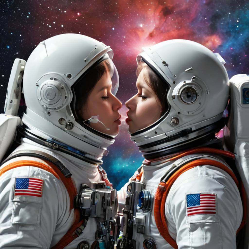 Astronautas se beijando através dos visores dos capacetes, fundo cósmico