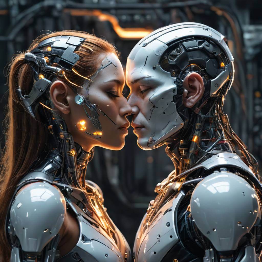Casal de ciborgues se beijando com circuitos brilhantes, realismo sci-fi