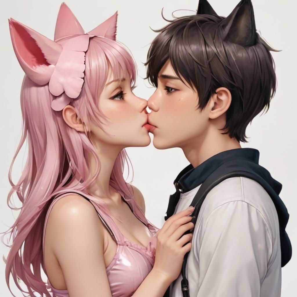 "Catgirl" e "dogboy" se beijando com bochechas coradas, estilo anime