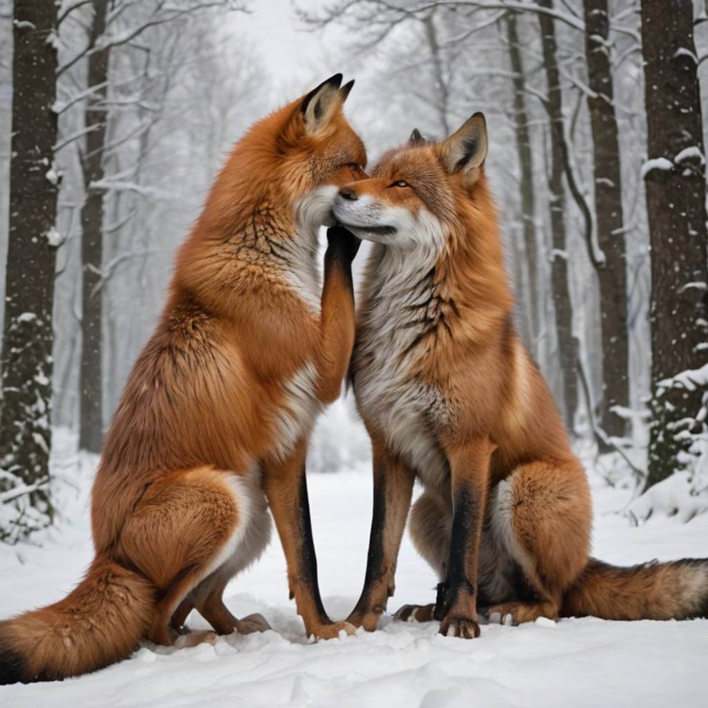 Humanoides de raposa e lobo compartilhando um beijo em uma floresta nevada