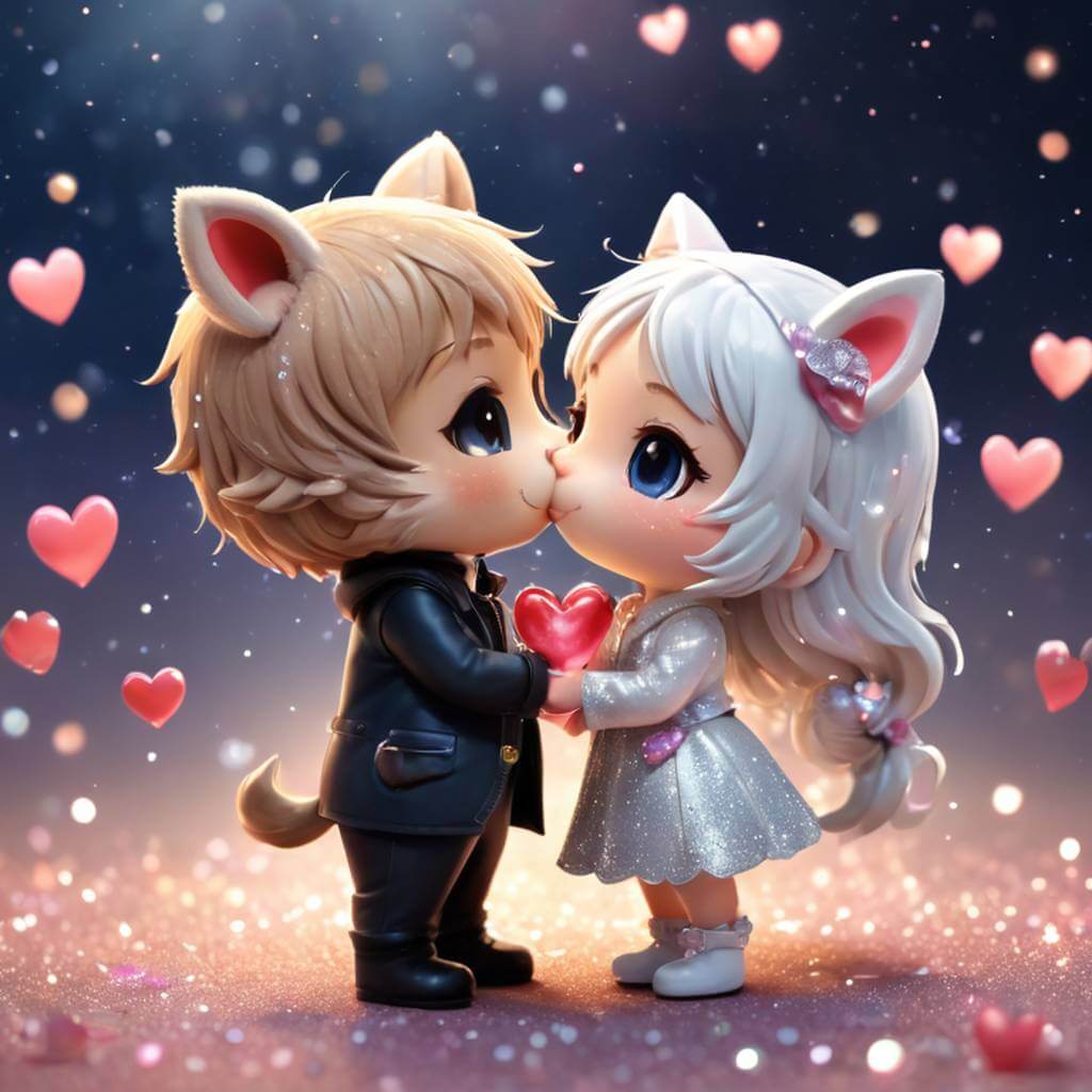 Casal de animais em estilo chibi se beijando com brilhos e corações