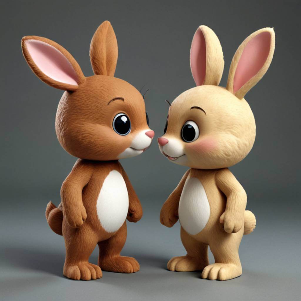 Mascotes de coelho e urso se beijando com cabeças grandes, estilo cartoon