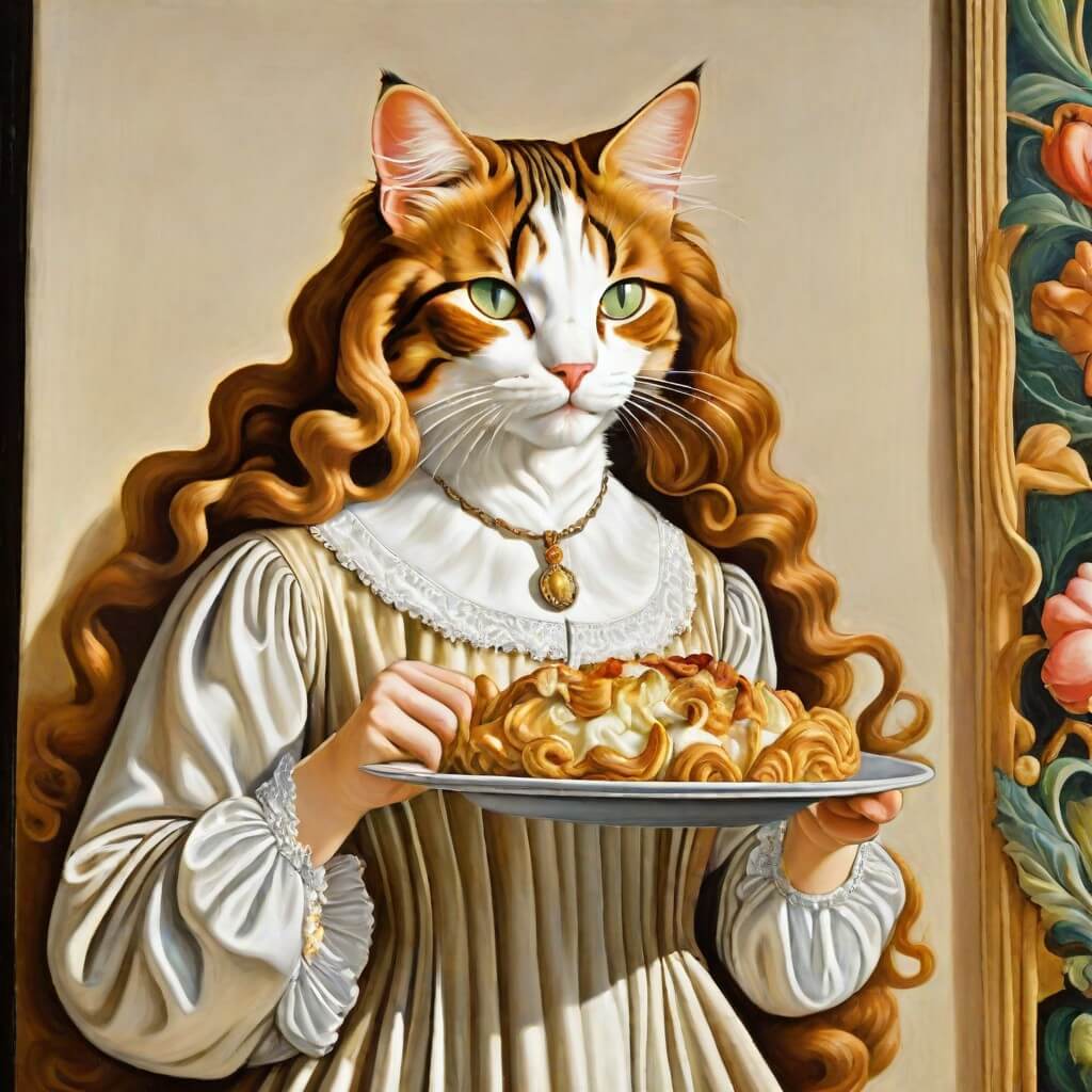 Une femme avec tête de chat qui porte un plat.