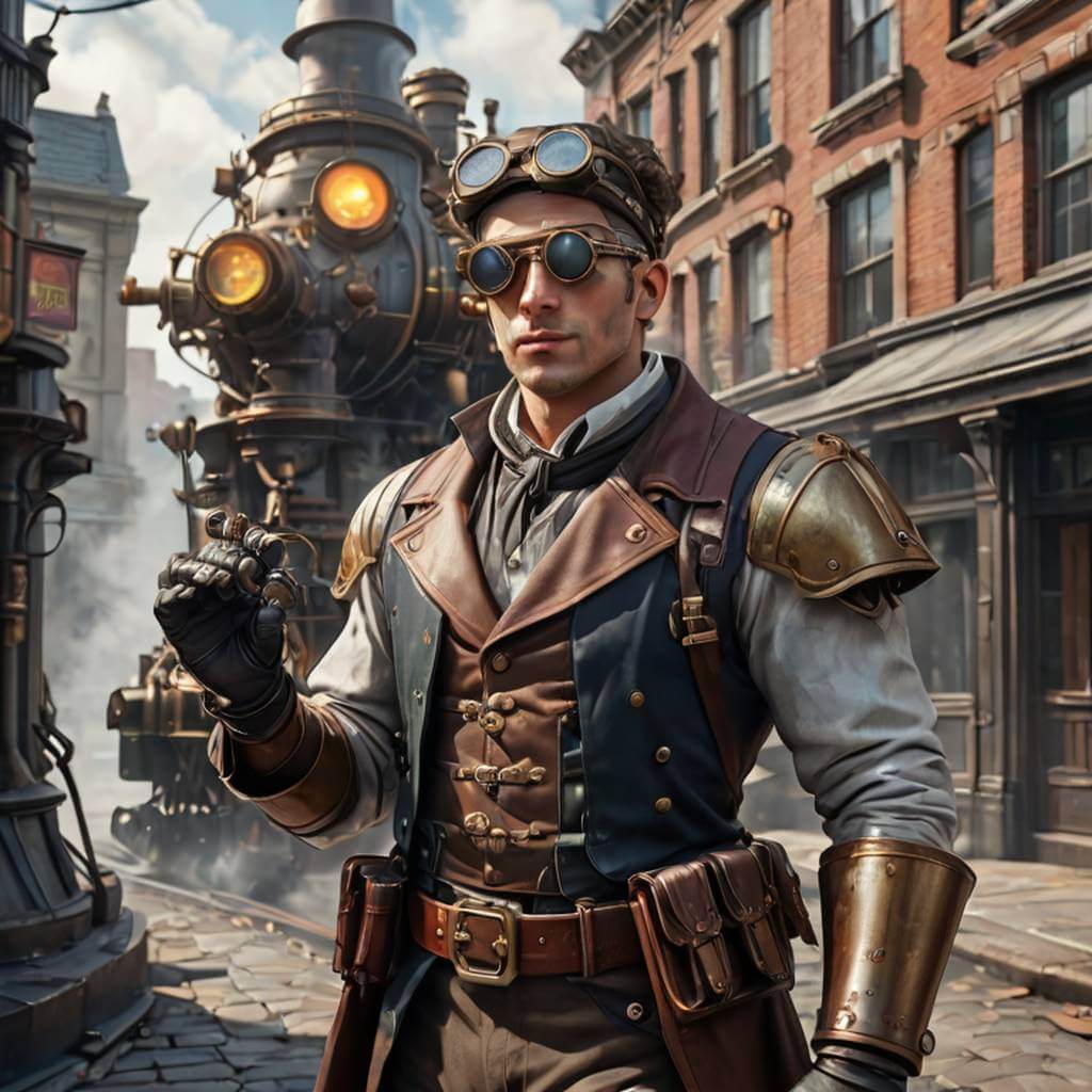 Un homme, époque victorienne, bras mécanique et style rétro.