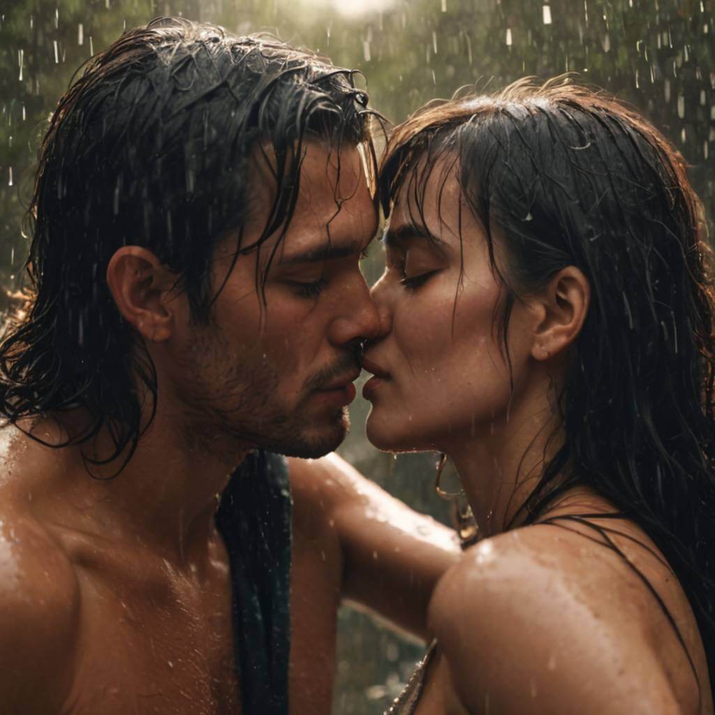 Beijo íntimo na chuva, gotas de água nos rostos, iluminação cinematográfica