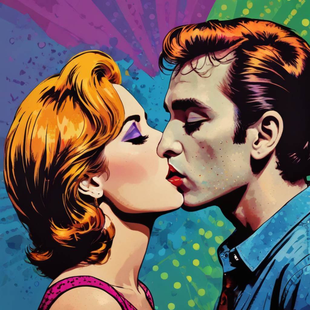 Beijo em estilo pop art com cores fortes e pontos de meio-tom