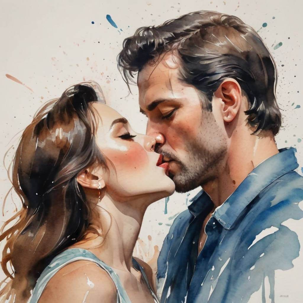 Beijo em estilo aquarela com pinceladas fluidas