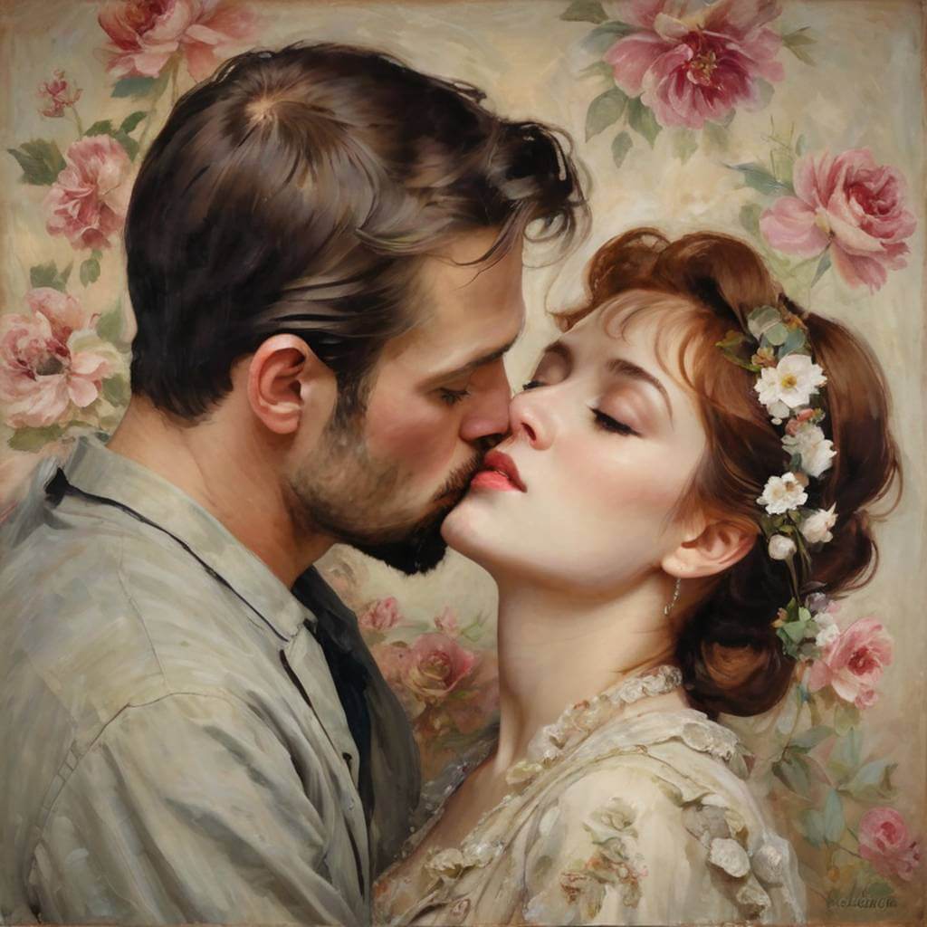 Beijo impressionista com texturas suaves e tons florais
