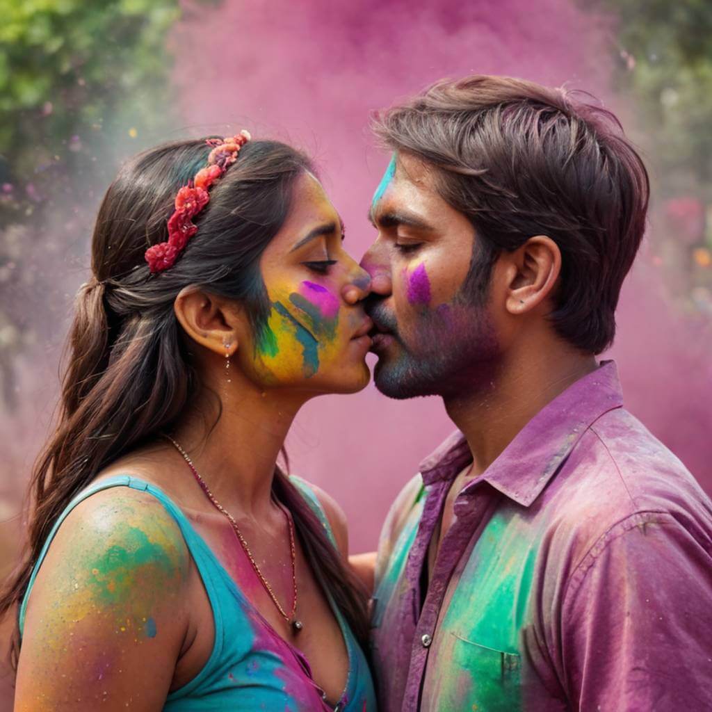Casal indiano se beijando durante o festival Holi, pó colorido nos rostos
