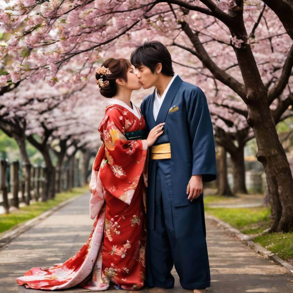 Casal japonês em trajes tradicionais se beijando sob cerejeiras em flor
