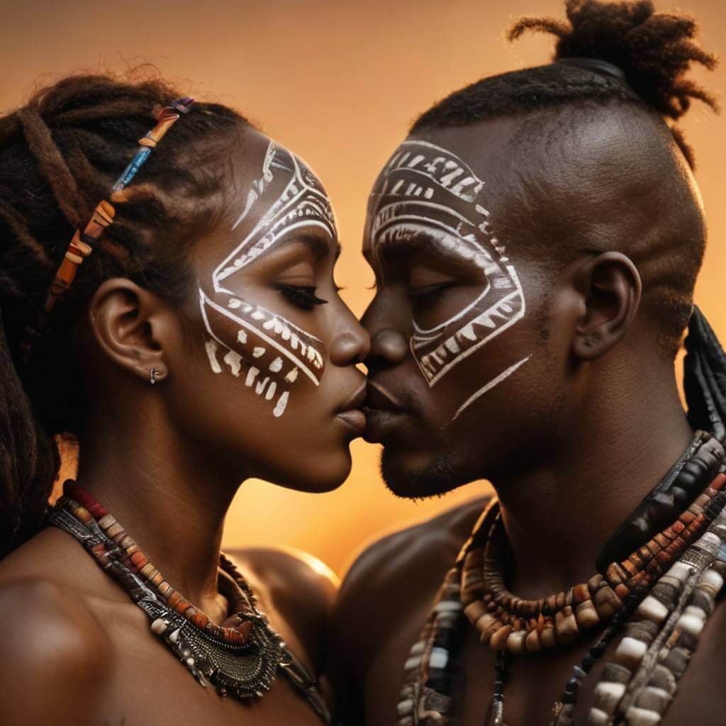 Casal africano se beijando com pintura facial tribal, iluminação quente
