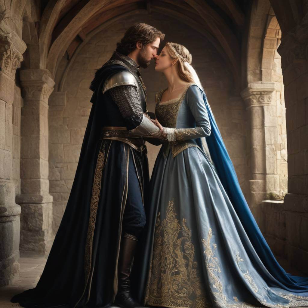 Casal medieval se beijando em trajes reais, estilo livro de contos
