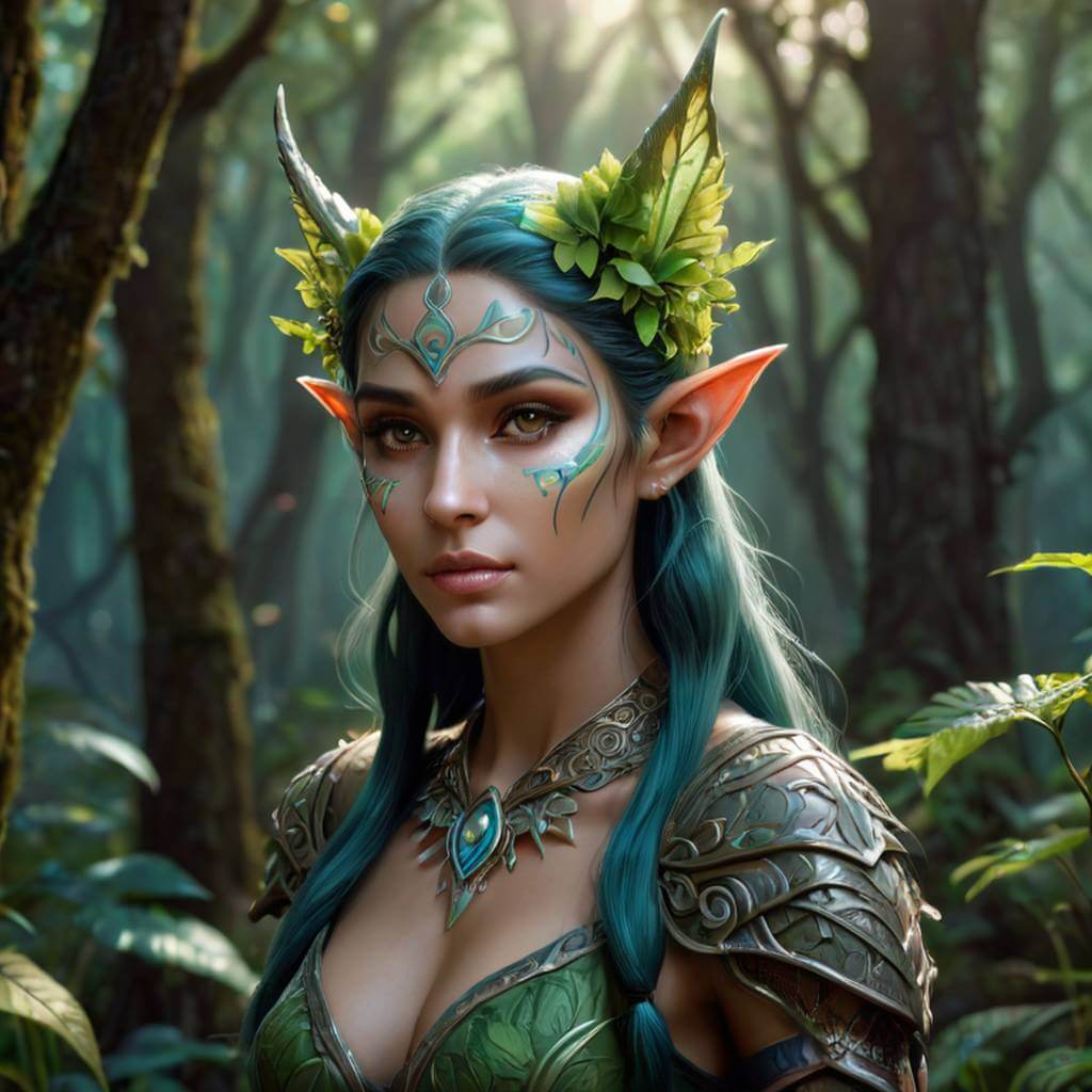 Une femme elfe des bois avec les cheveux verts dans une forêt.