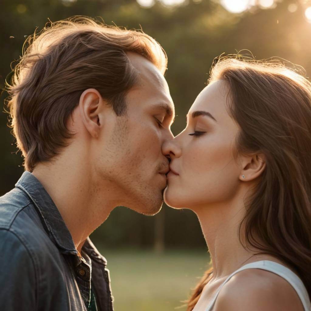 Beijo na testa com olhos fechados, tons quentes da "golden hour" (pôr do sol)