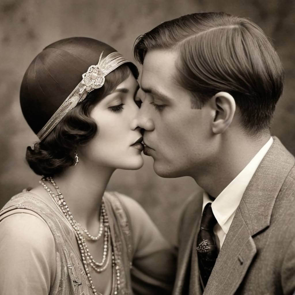 Casal dos anos 1920 se beijando com moda vintage, tons sépia