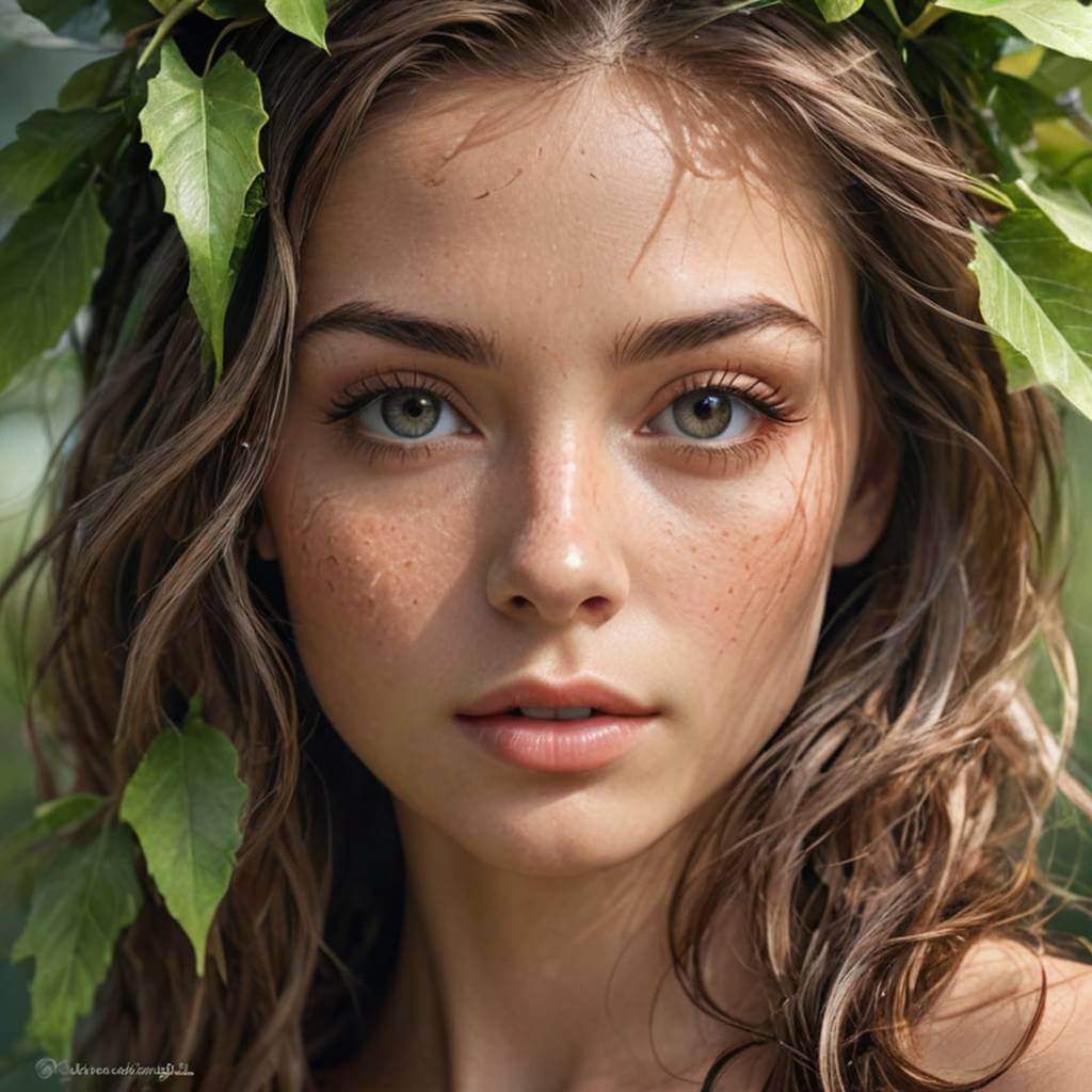 자연의 요소와 은은하게 어우러진 얼굴, 나무껍질 같은 피부 질감, 흐르는 물 같은 머리카락, 나뭇잎 같은 속눈썹