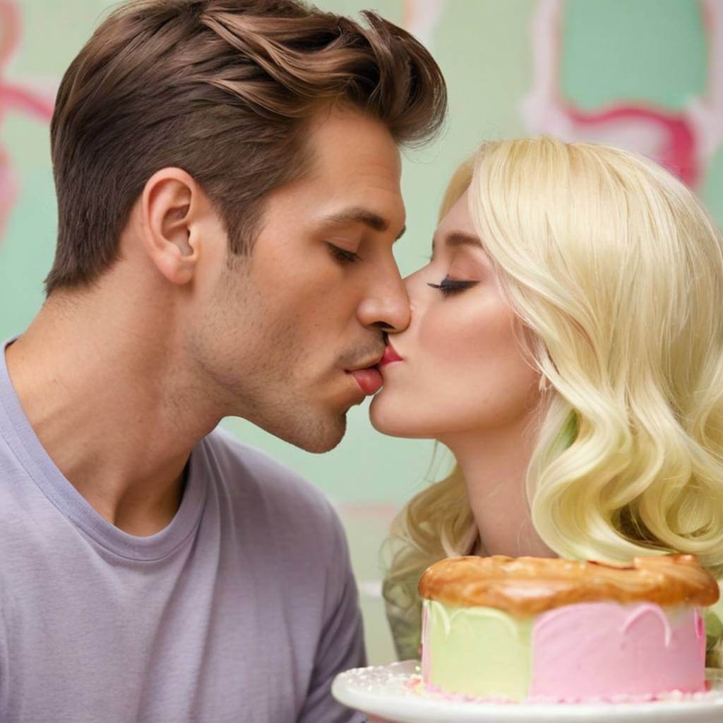 Casal se beijando com glacê no nariz, fundo de confeitaria em tons pastel
