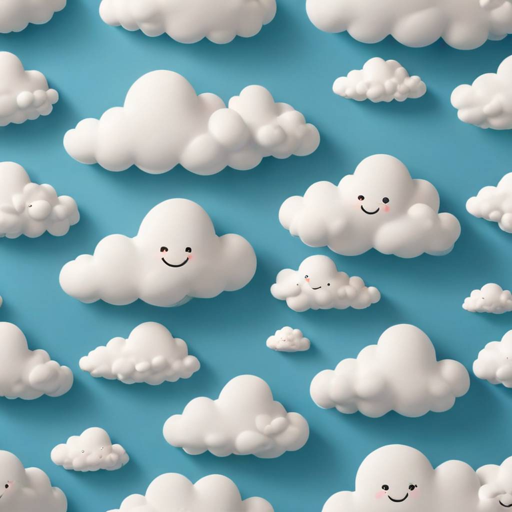 Nuvens de desenho animado se beijando com rostos sorridentes, céu azul
