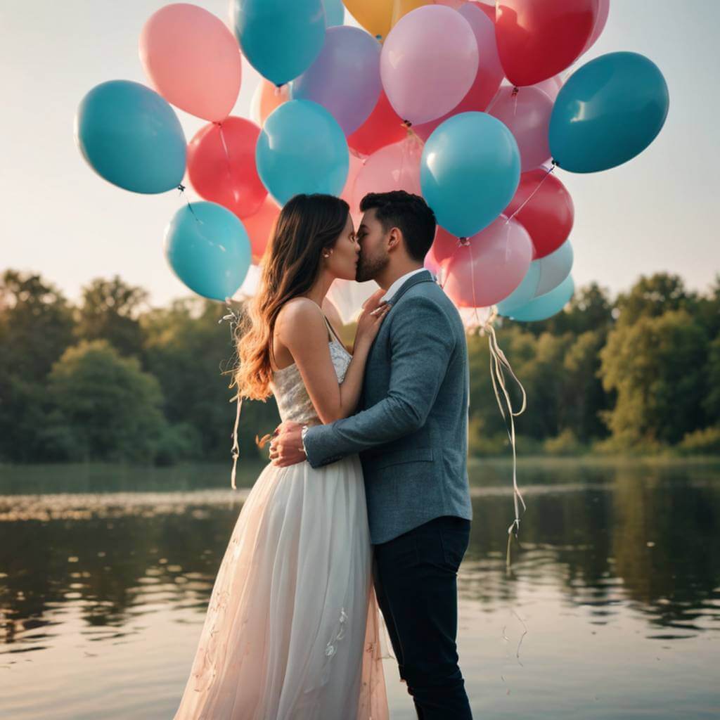 Casal se beijando enquanto flutua com balões, vibe sonhadora
