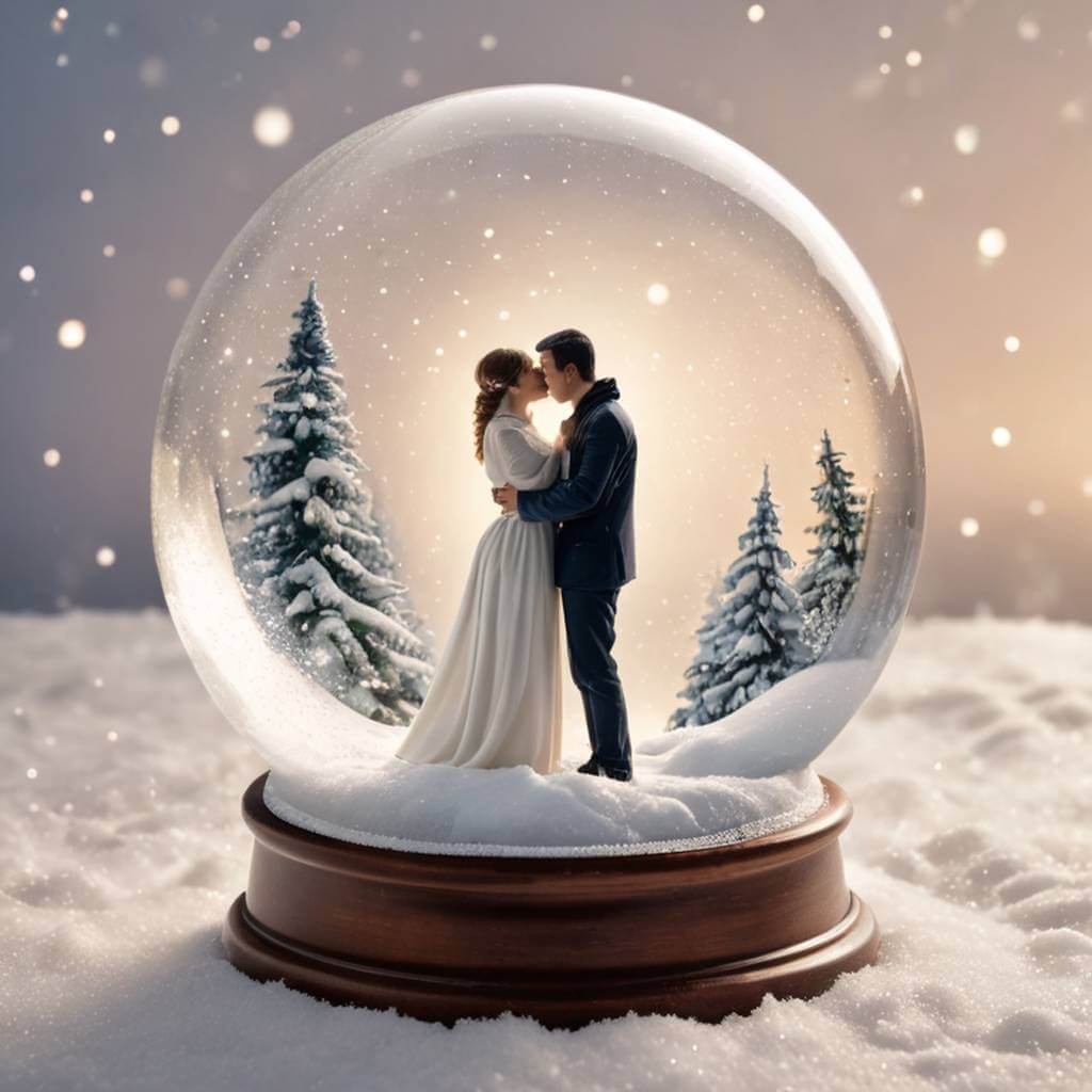 Casal se beijando dentro de um globo de neve, brilho de inverno
