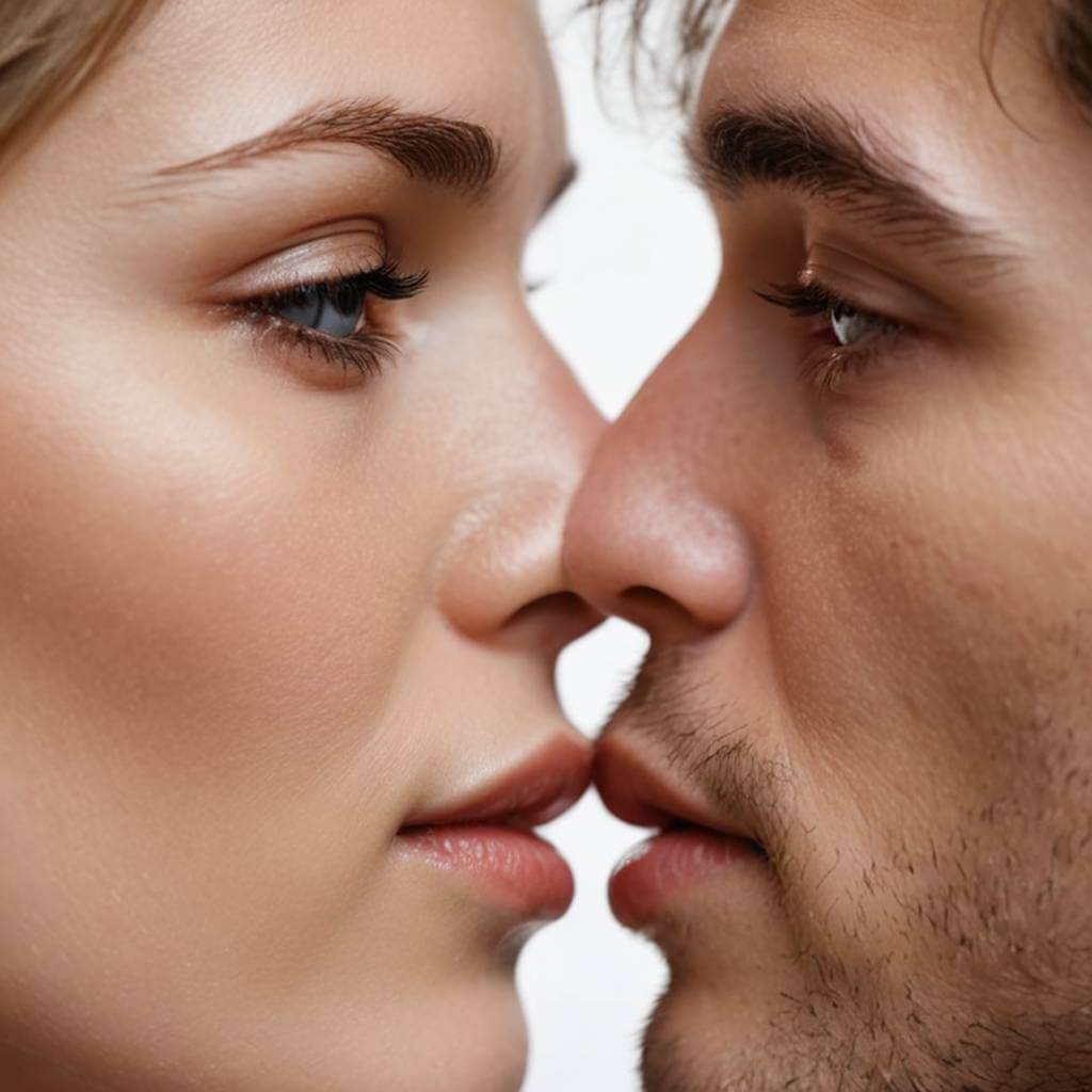 Close de um casal prestes a se beijar, contato visual intenso