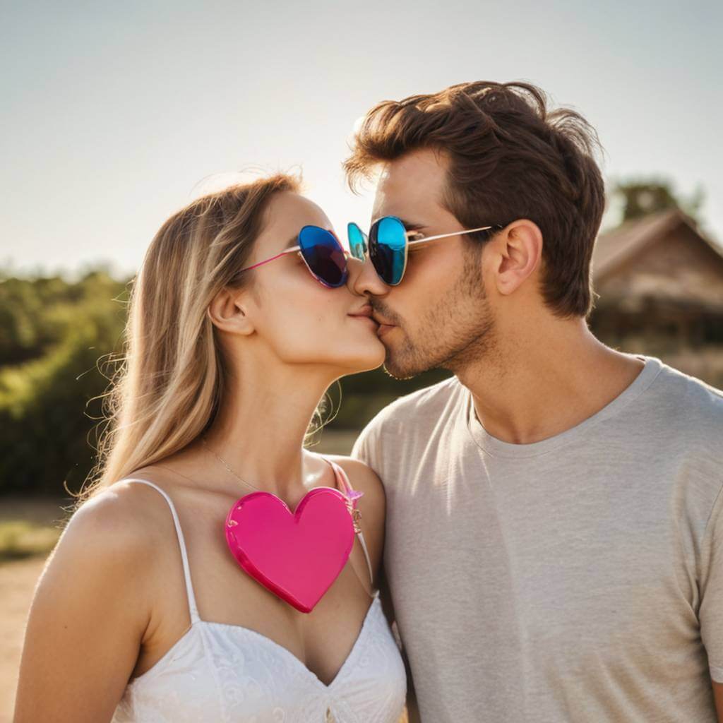 Casal se beijando com óculos de sol em formato de coração, diversão de verão
