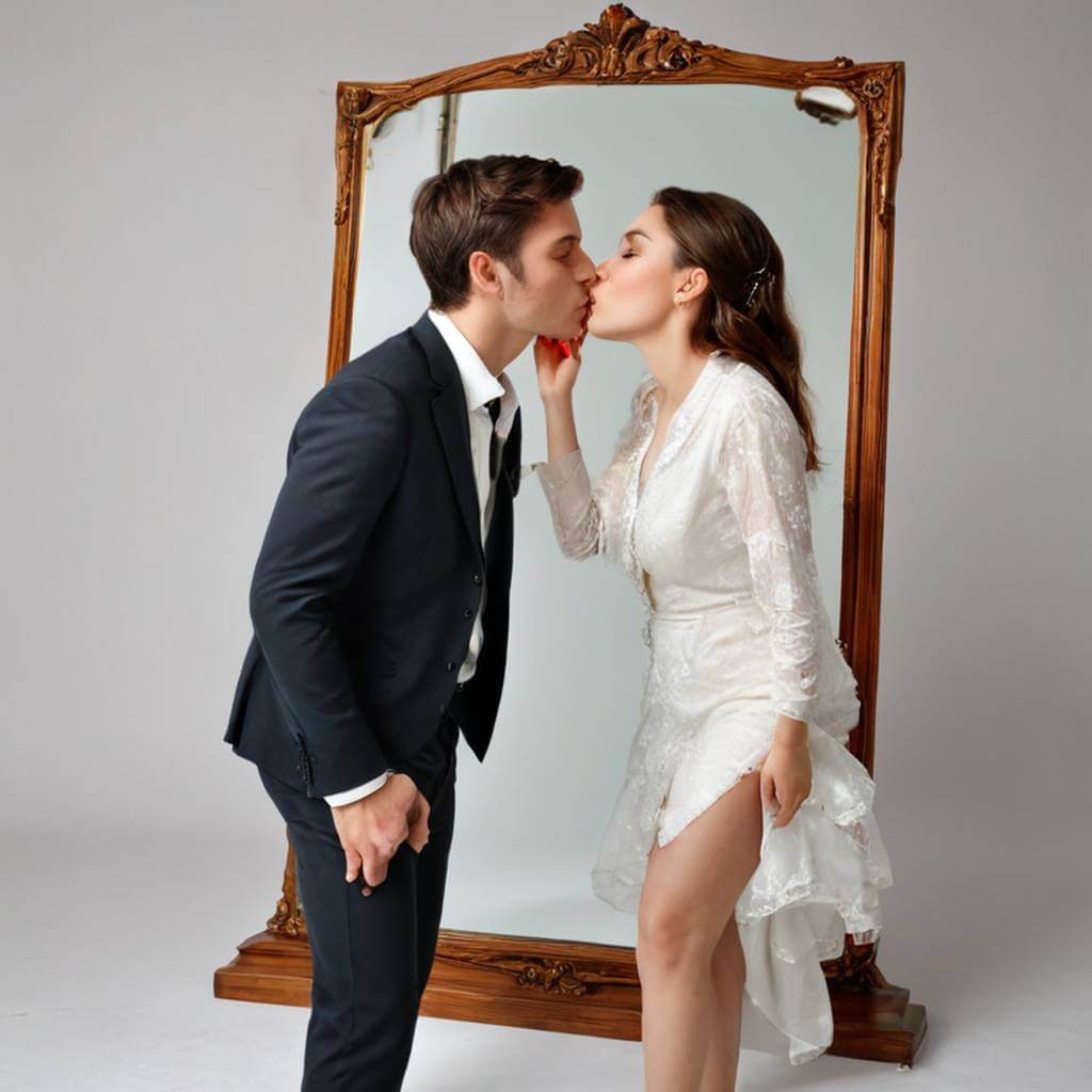 Amantes se beijando através de um espelho, conceito de dupla realidade
